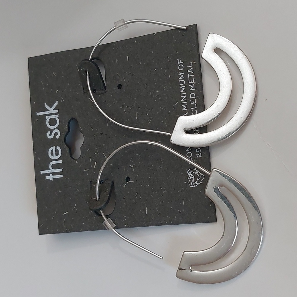 The Sak Modernist Cutout Design Silver Tone Hoop French Wire Earrings